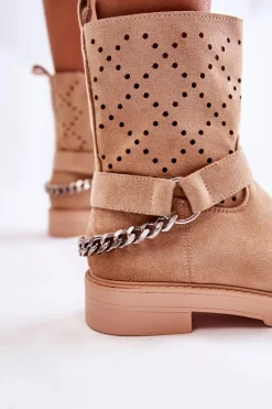 Ażurowe Wiosenne Botki Na Suwak Z Łańcuchem Beżowe Chantelle