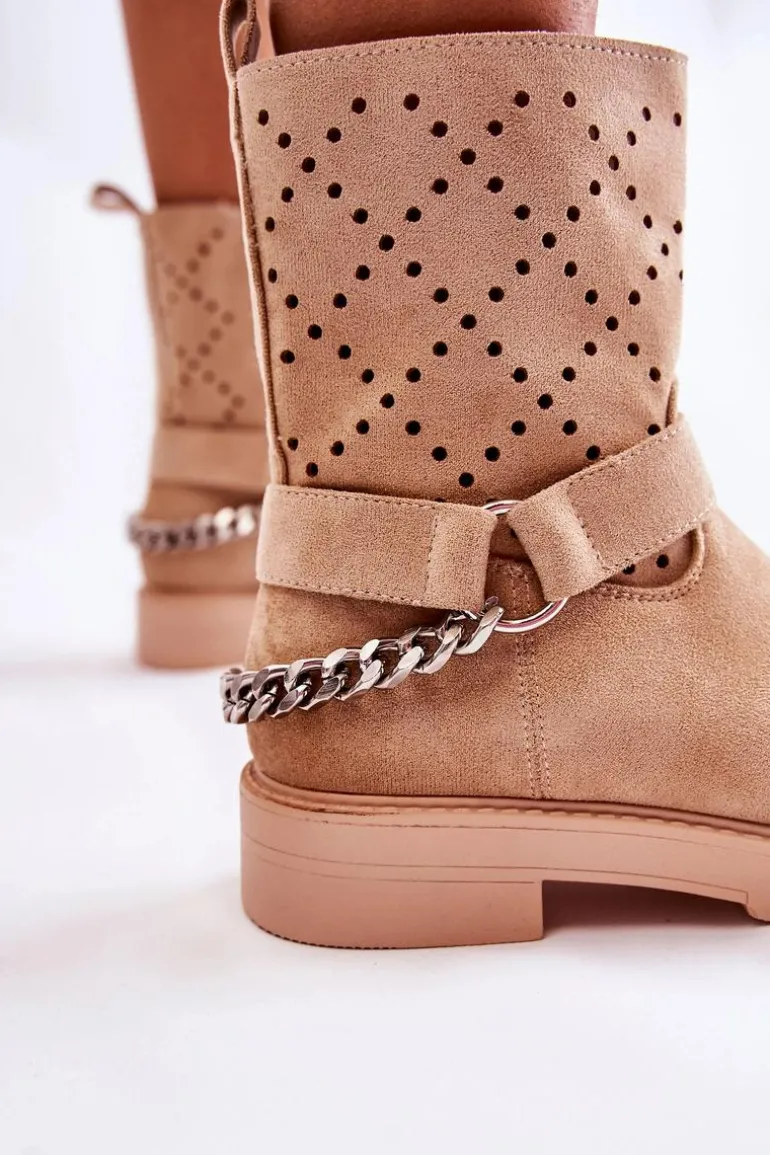 Ażurowe Wiosenne Botki Na Suwak Z Łańcuchem Beżowe Chantelle