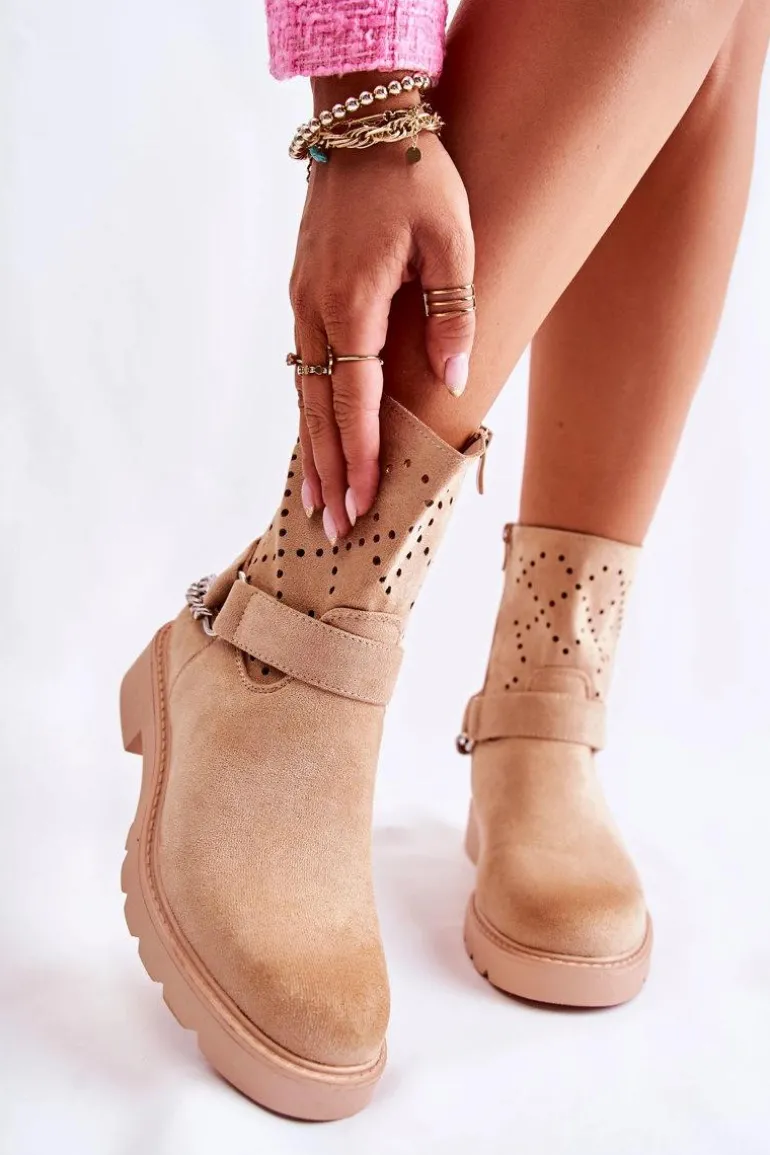 Ażurowe Wiosenne Botki Na Suwak Z Łańcuchem Beżowe Chantelle