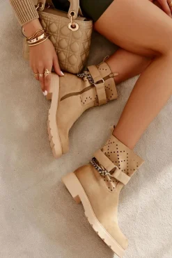 Ażurowe Wiosenne Botki Na Suwak Z Łańcuchem Beżowe Chantelle