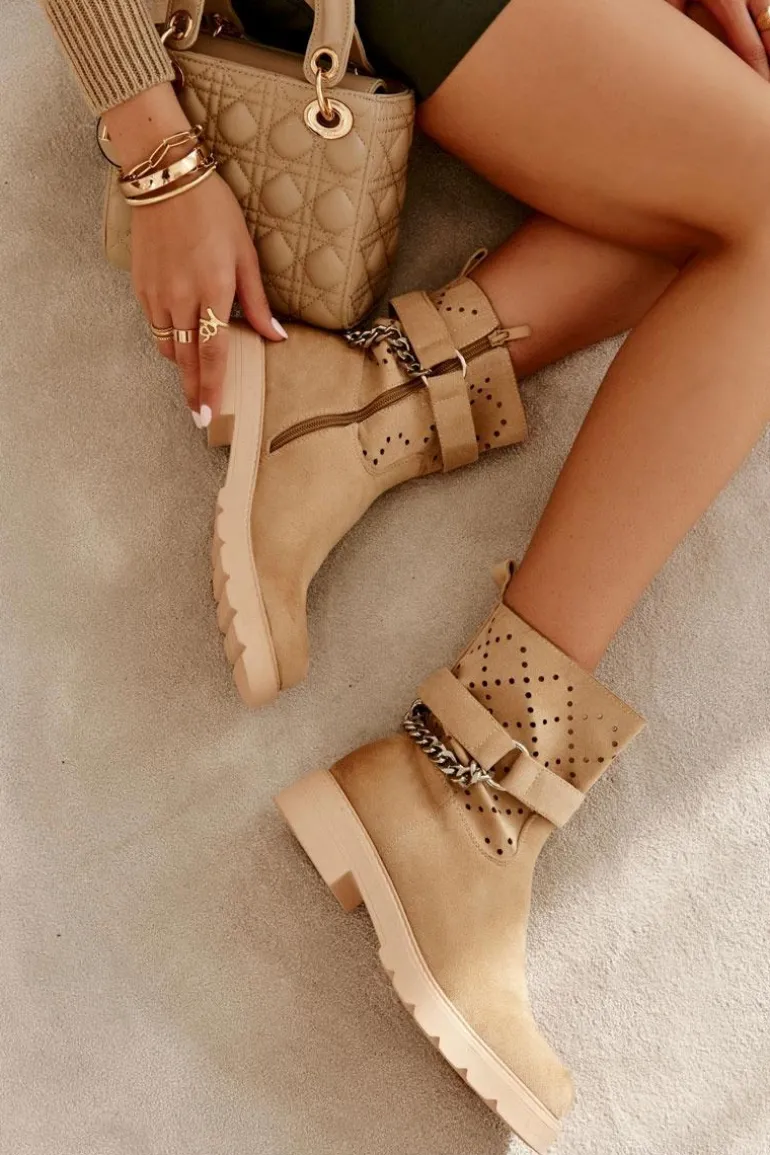 Ażurowe Wiosenne Botki Na Suwak Z Łańcuchem Beżowe Chantelle