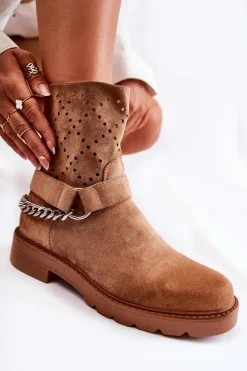 Ażurowe Wiosenne Botki Na Suwak Z Łańcuchem Brązowe Chantelle
