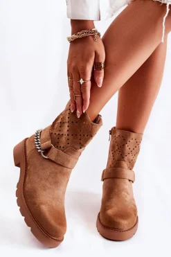 Ażurowe Wiosenne Botki Na Suwak Z Łańcuchem Brązowe Chantelle