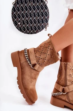 Ażurowe Wiosenne Botki Na Suwak Z Łańcuchem Brązowe Chantelle