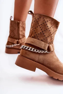 Ażurowe Wiosenne Botki Na Suwak Z Łańcuchem Brązowe Chantelle