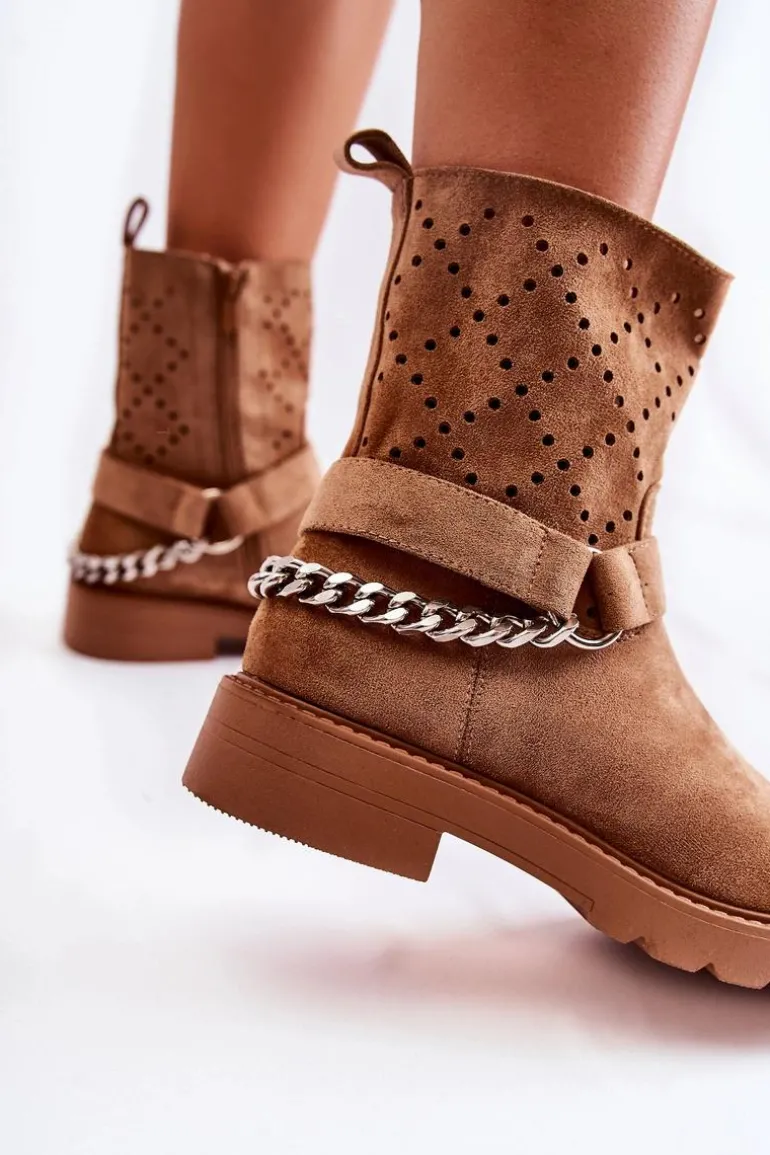 Ażurowe Wiosenne Botki Na Suwak Z Łańcuchem Brązowe Chantelle