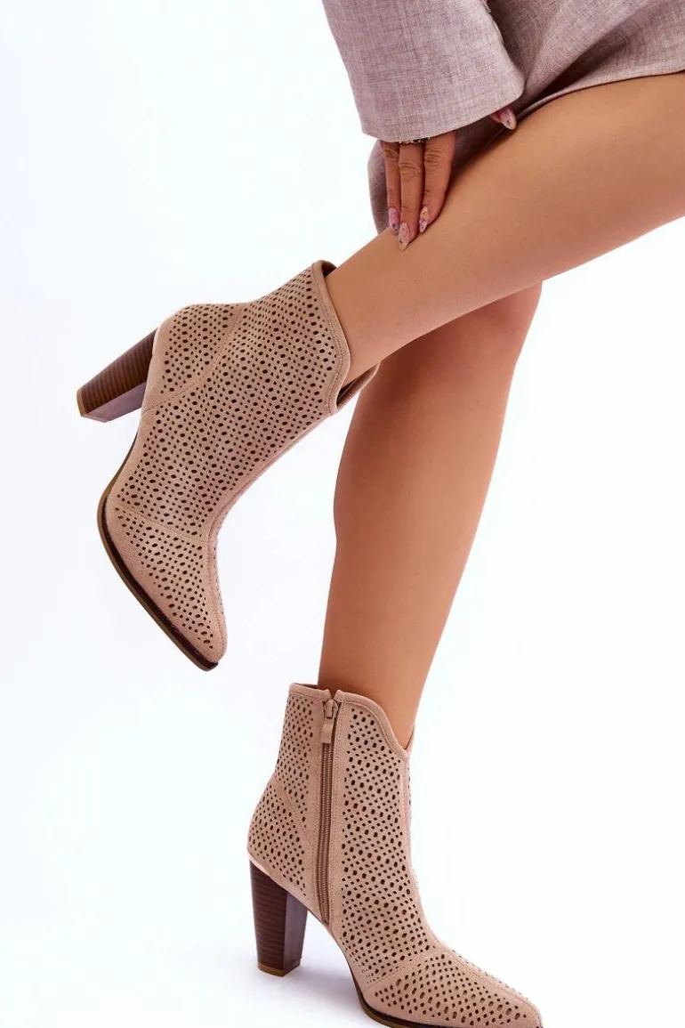 Ażurowe Zamszowe Botki Na Słupku Beżowe Logan