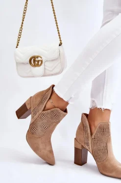 Ażurowe Zamszowe Botki Na Obcasie Beżowe Leanna