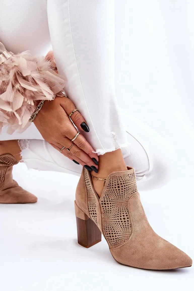 Ażurowe Zamszowe Botki Na Obcasie Beżowe Leanna
