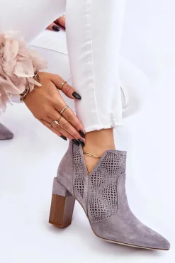 Ażurowe Zamszowe Botki Na Obcasie Szare Leanna