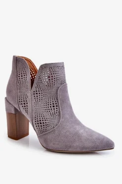 Ażurowe Zamszowe Botki Na Obcasie Szare Leanna