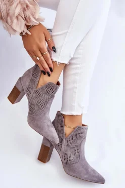 Ażurowe Zamszowe Botki Na Obcasie Szare Leanna