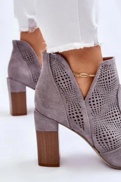 Ażurowe Zamszowe Botki Na Obcasie Szare Leanna