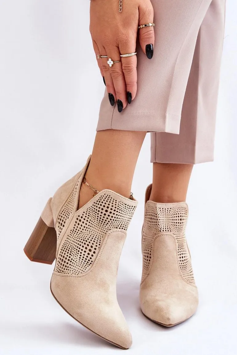 Ażurowe Zamszowe Botki Na Obcasie Jasnobeżowe Leanna
