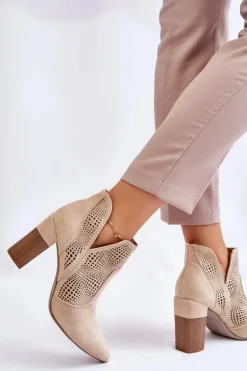 Ażurowe Zamszowe Botki Na Obcasie Jasnobeżowe Leanna