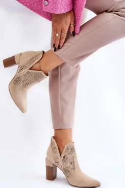 Ażurowe Zamszowe Botki Na Obcasie Jasnobeżowe Leanna