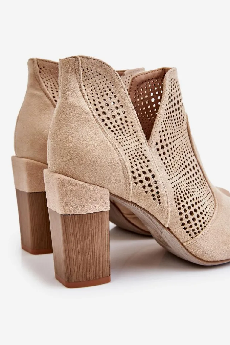 Ażurowe Zamszowe Botki Na Obcasie Jasnobeżowe Leanna