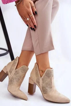 Ażurowe Zamszowe Botki Na Obcasie Jasnobeżowe Leanna