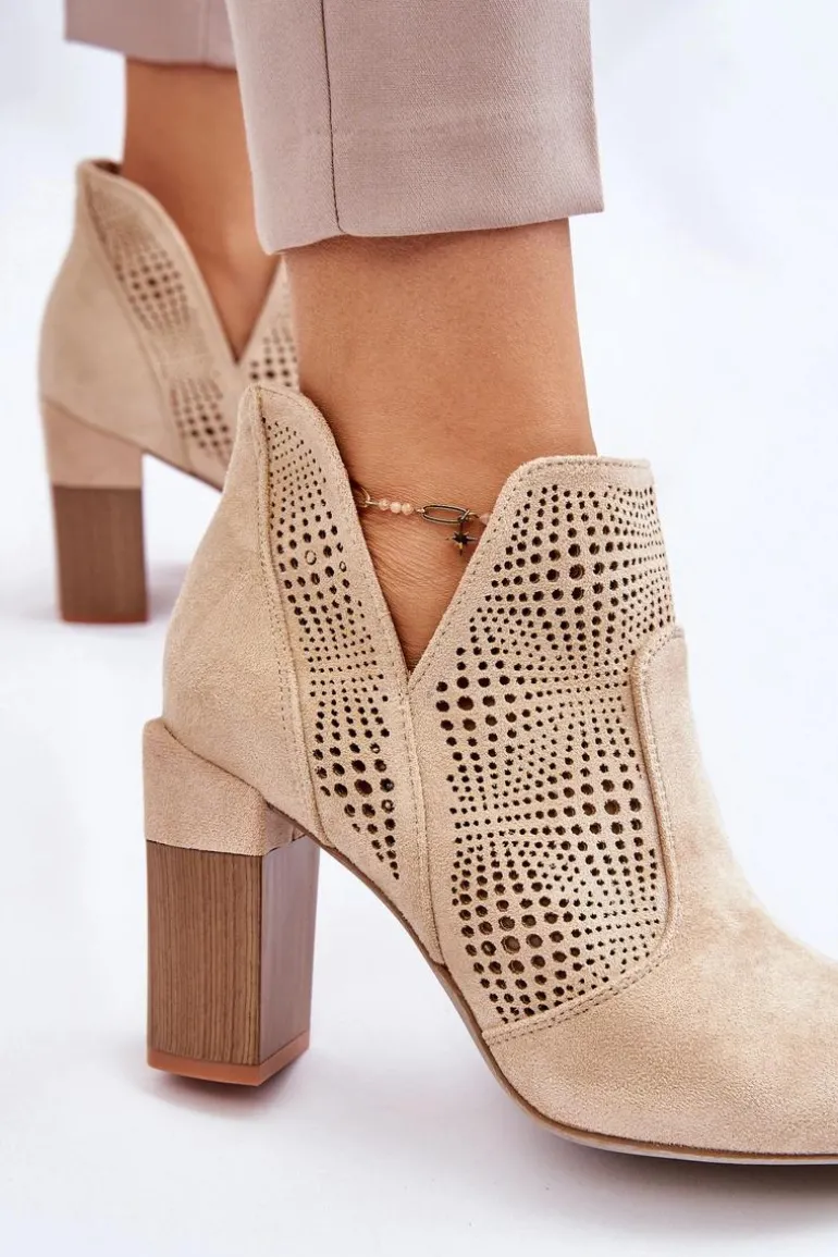 Ażurowe Zamszowe Botki Na Obcasie Jasnobeżowe Leanna