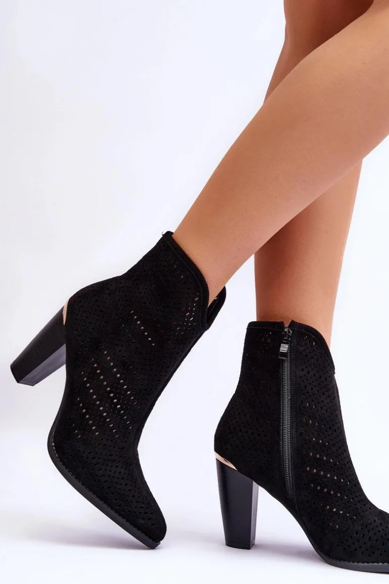 Ażurowe Zamszowe Botki Na Słupku Czarne Logan
