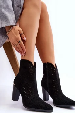 Ażurowe Zamszowe Botki Na Słupku Czarne Logan