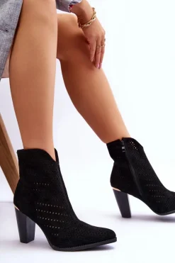 Ażurowe Zamszowe Botki Na Słupku Czarne Logan