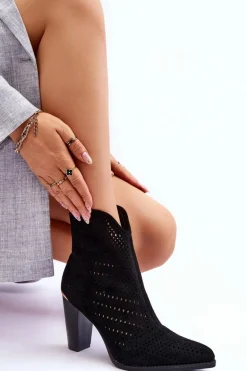 Ażurowe Zamszowe Botki Na Słupku Czarne Logan