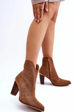 Ażurowe Zamszowe Botki Na Słupku Brązowe Logan