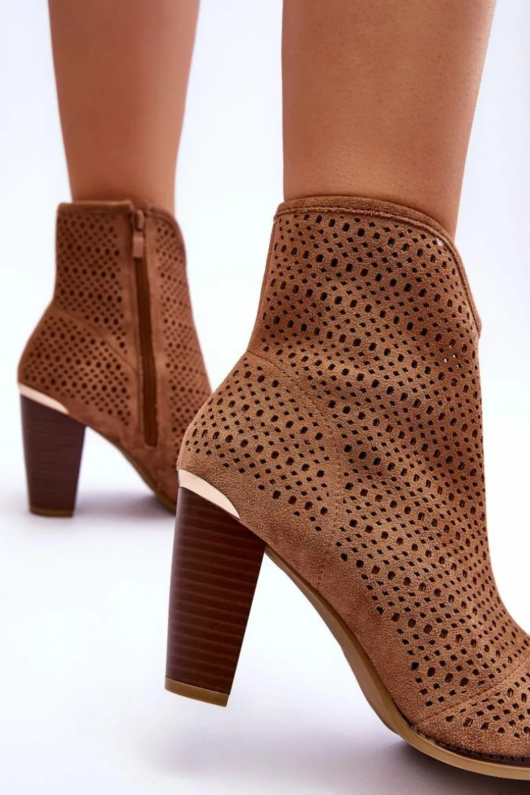 Ażurowe Zamszowe Botki Na Słupku Brązowe Logan