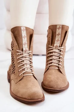 Ażurowe Zamszowe Botki Wiązane Nicole Camel 2696
