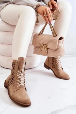 Ażurowe Zamszowe Botki Wiązane Nicole Camel 2696