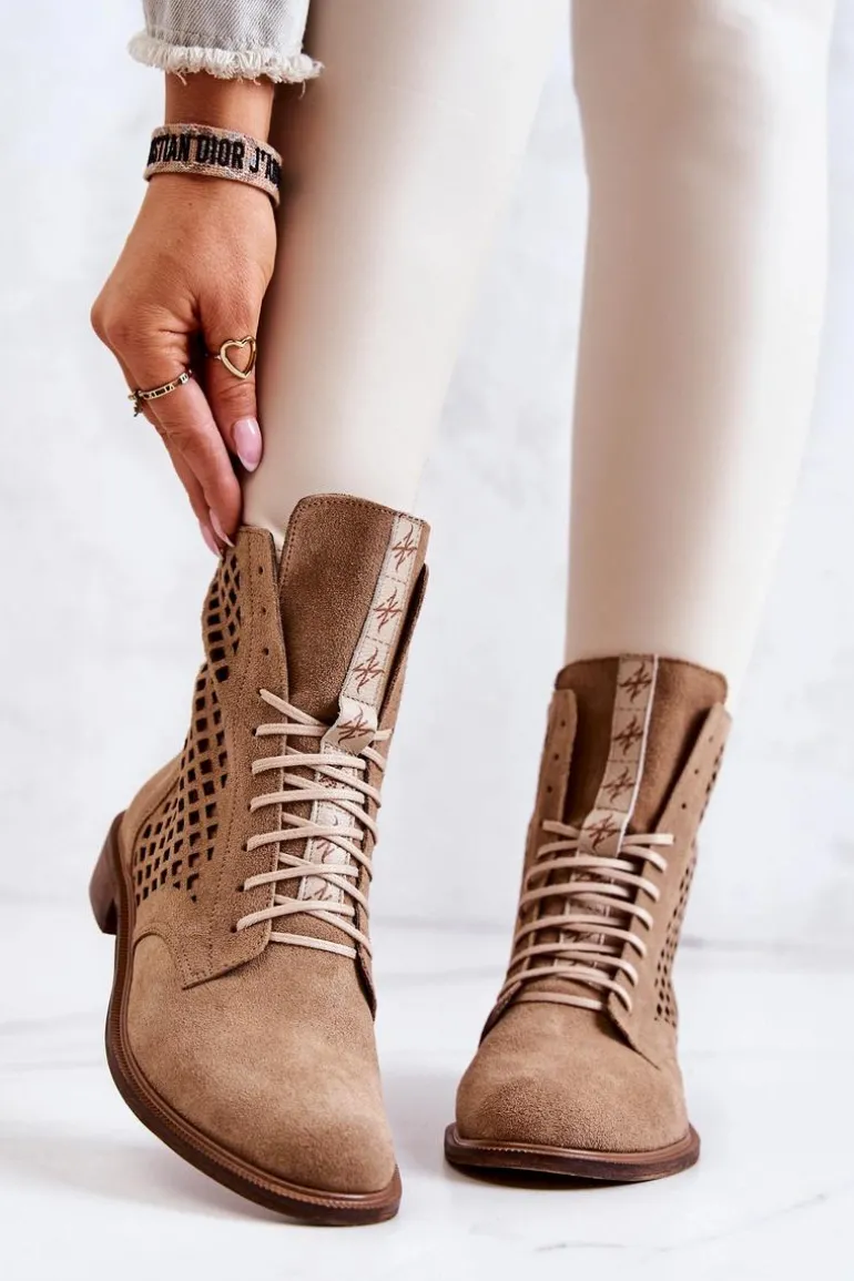 Ażurowe Zamszowe Botki Wiązane Nicole Camel 2696