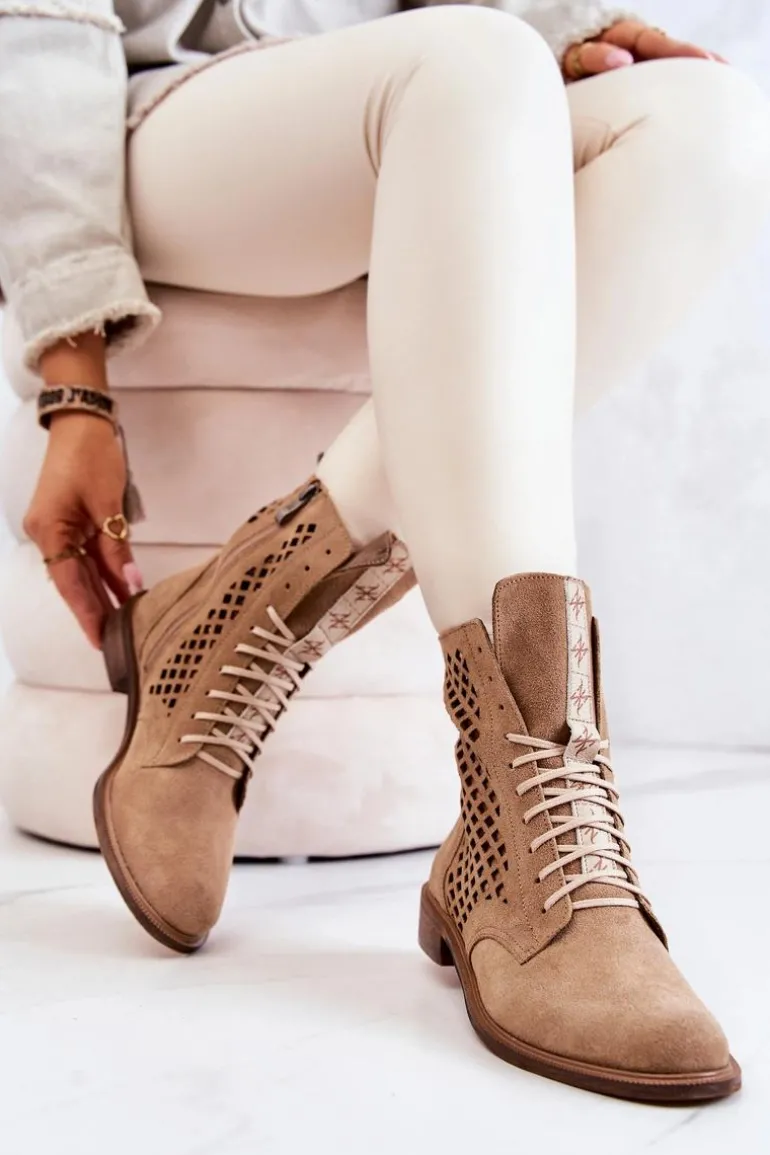 Ażurowe Zamszowe Botki Wiązane Nicole Camel 2696