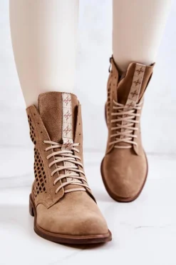 Ażurowe Zamszowe Botki Wiązane Nicole Camel 2696