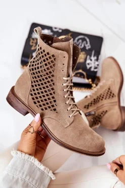 Ażurowe Zamszowe Botki Wiązane Nicole Beżowe 2696