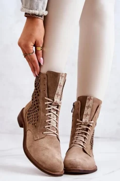 Ażurowe Zamszowe Botki Wiązane Nicole Beżowe 2696