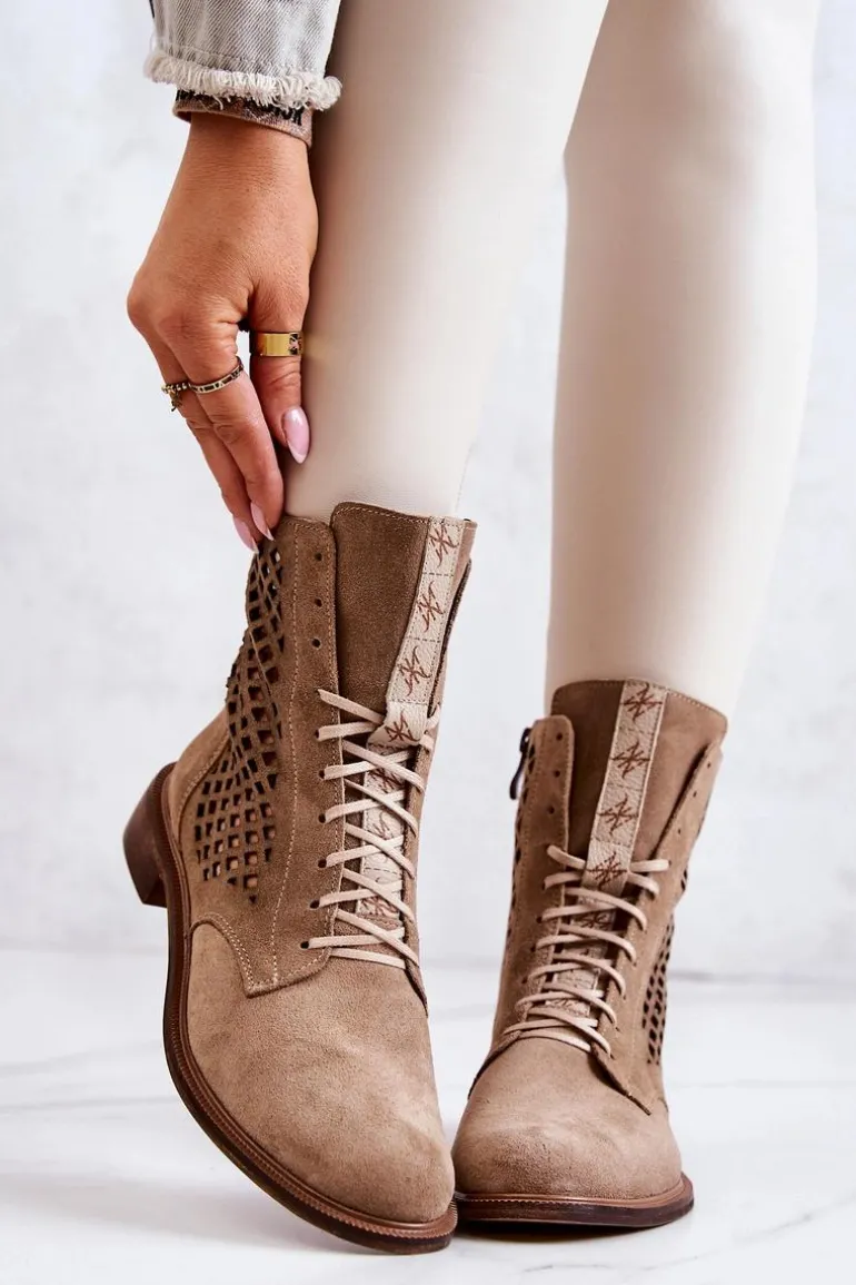 Ażurowe Zamszowe Botki Wiązane Nicole Beżowe 2696