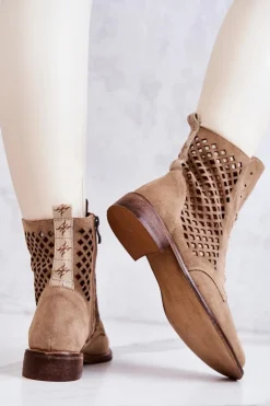 Ażurowe Zamszowe Botki Wiązane Nicole Beżowe 2696