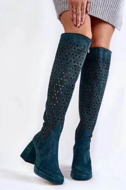 Ażurowe Zamszowe Kozaki Na Obcasie Zielone Castres