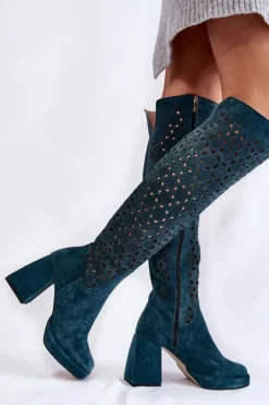 Ażurowe Zamszowe Kozaki Na Obcasie Zielone Castres