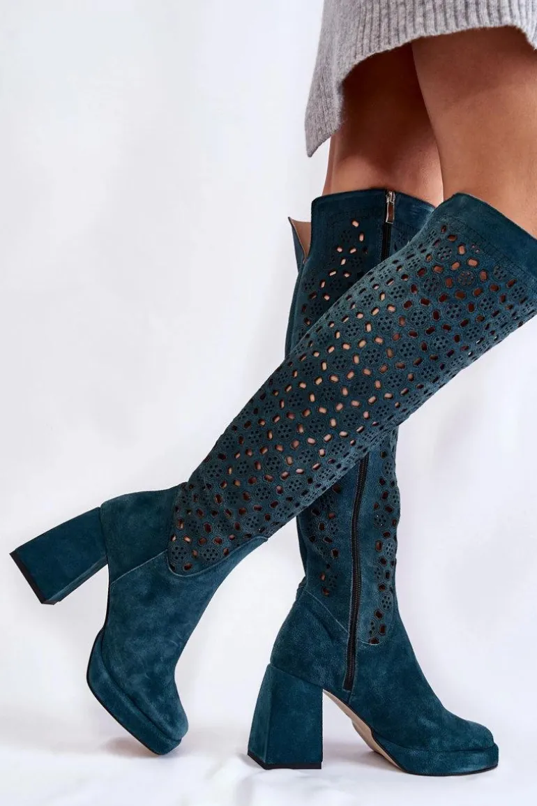 Ażurowe Zamszowe Kozaki Na Obcasie Zielone Castres