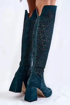 Ażurowe Zamszowe Kozaki Na Obcasie Zielone Castres