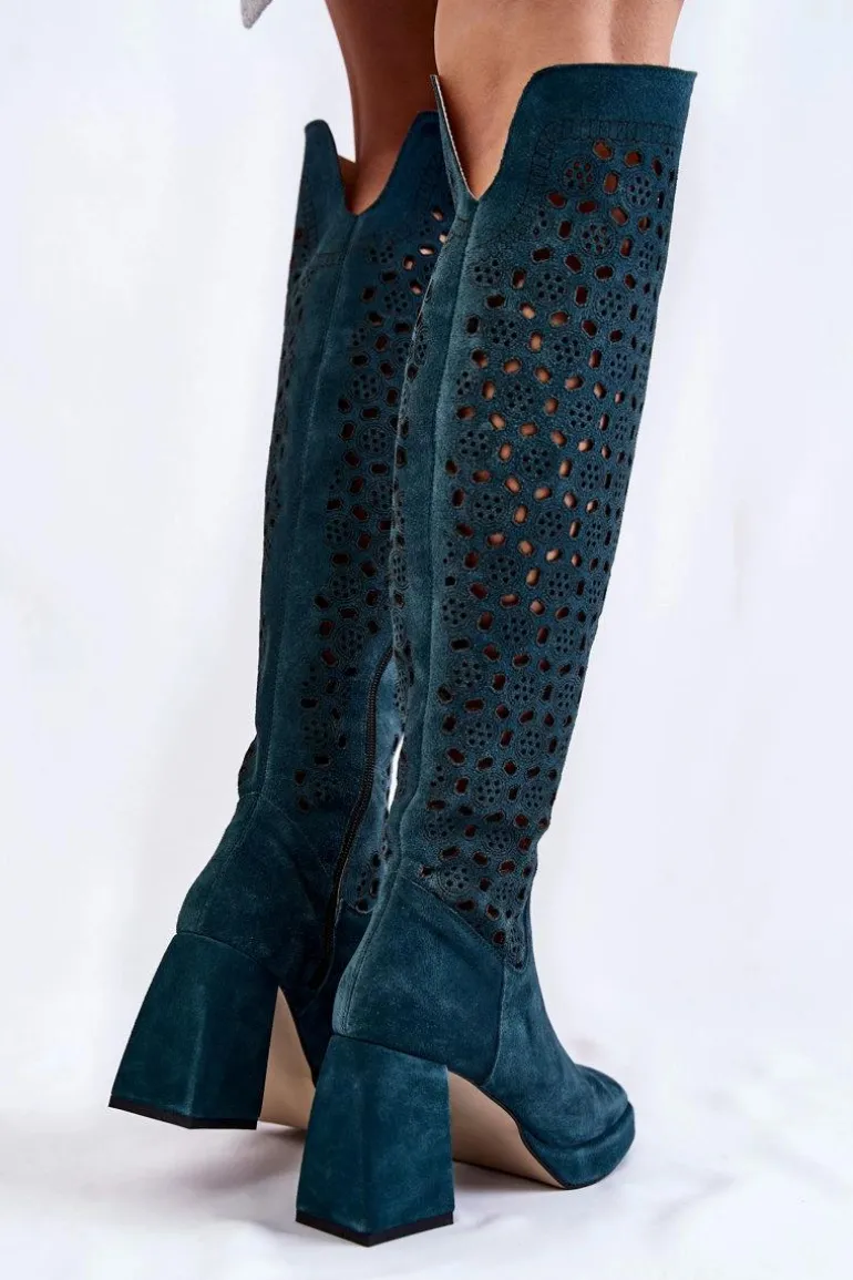 Ażurowe Zamszowe Kozaki Na Obcasie Zielone Castres