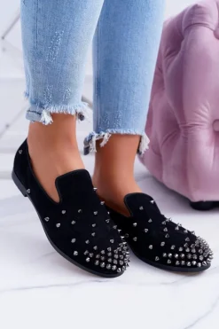 Balerinki Damskie Lu Boo Czarne Zamszowe Lordsy z Ćwiekami Odessa