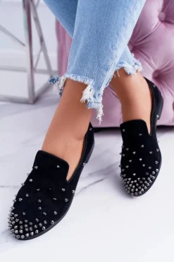 Balerinki Damskie Lu Boo Czarne Zamszowe Lordsy z Ćwiekami Odessa