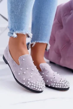 Balerinki Damskie Lu Boo Szare Zamszowe Lordsy z Ćwiekami Odessa