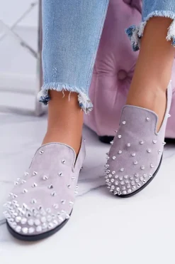 Balerinki Damskie Lu Boo Szare Zamszowe Lordsy z Ćwiekami Odessa