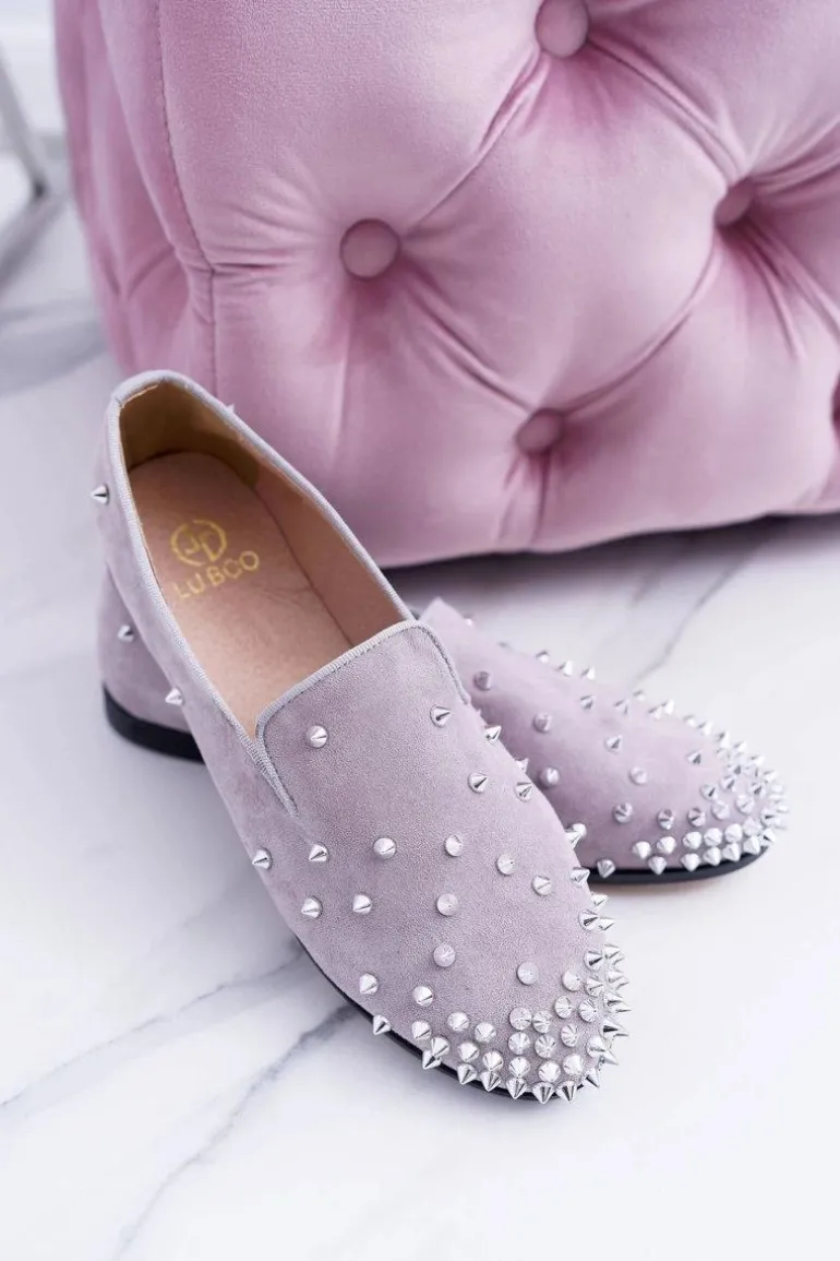 Balerinki Damskie Lu Boo Szare Zamszowe Lordsy z Ćwiekami Odessa