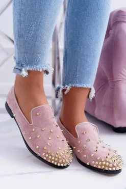 Balerinki Damskie Lu Boo Różowe Zamszowe Lordsy z Ćwiekami Odessa