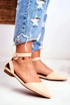 Baleriny Damskie Beżowe Na Pasek W Szpic Allison